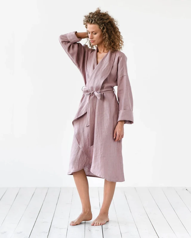 CHINEE Comfortable French Linen Women's Kimono Bathrobe Leopard Pattern V neck Drawstring Closure Couple Hotel Spa Pajama Dressing Gown