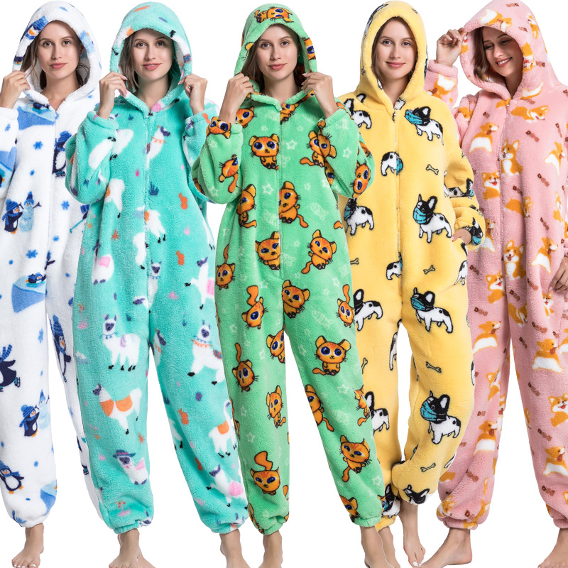 CHINEE Comfortable Home Wear Custom Christmas Print Cute Cartoon Animal Adult One piece Hooded Long Sleeves Women Pajama