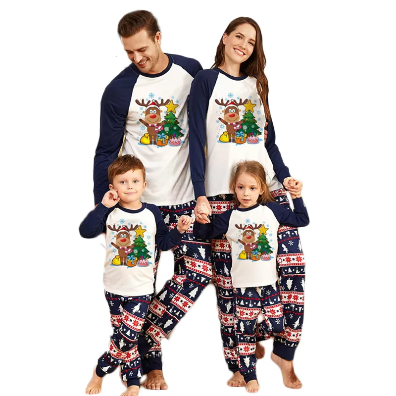 CHINEE Comfortable Long Sleeve Loungewear White and Navy Plaid Xmas Christmas Pyjamas Pjs Set Family Matching Family