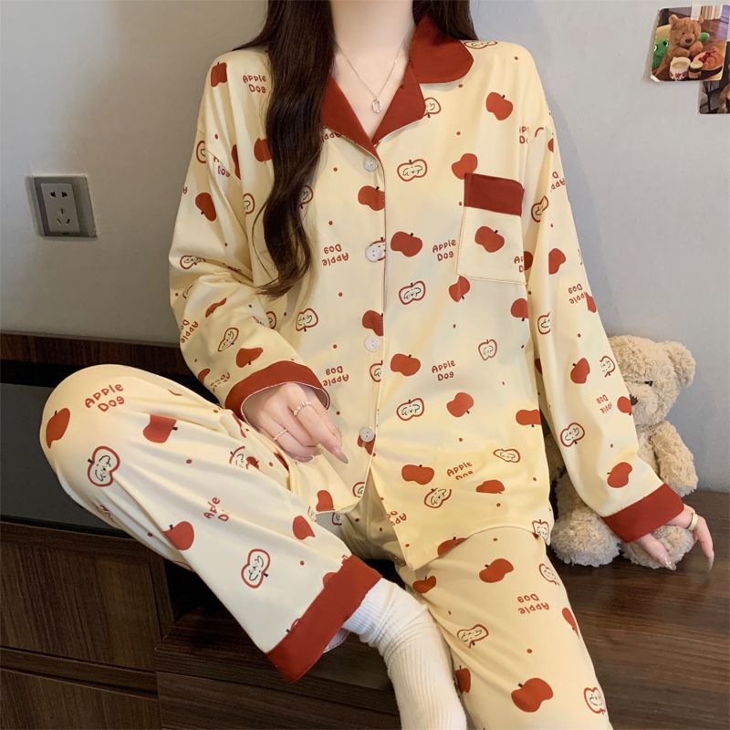CHINEE Comfortable Soft Casual Women's Polyester Nightgown Set Elastic Waist Full Length Sleeves Apple Print Knitted Fabric for Home