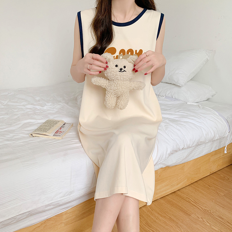CHINEE Comfortable and Loose Camisole Nighty Lovely Cartoon Printed Sleepwear Pajamas Cotton Night Dresses for Woman