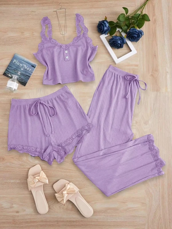 CHINEE-Contrast-Lace-Rib-Camisole-Pajamas-Set-Elastic-Ribbing-Casual-Soft-Womens-Three-Piece-Pajamas-Set