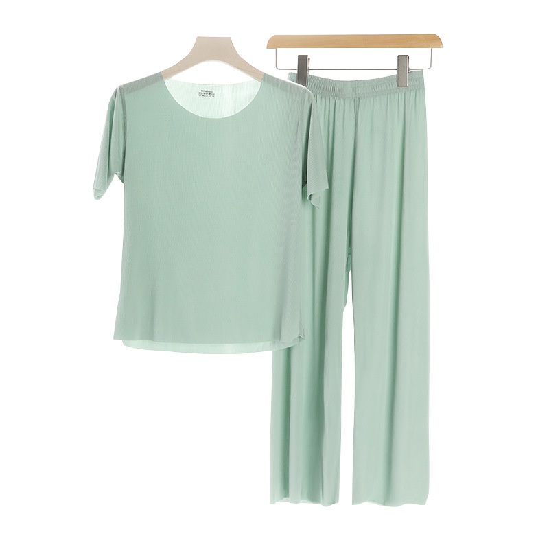 CHINEE Cool Summer Breathable Ice Silk Satin Pajamas Set Men's Women's Casual Short Sleeve Elastic Waist Neck Solid Pattern 100%