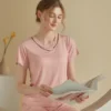 CHINEE Cooling Women Summer Casual Short Sleeve Loungewear Solid Color Pajama Top Built In Bra Moms Elastic Waist Knitted Soft