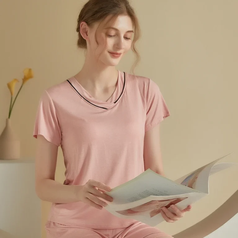 CHINEE Cooling Women Summer Casual Short Sleeve Loungewear Solid Color Pajama Top Built In Bra Moms Elastic Waist Knitted Soft