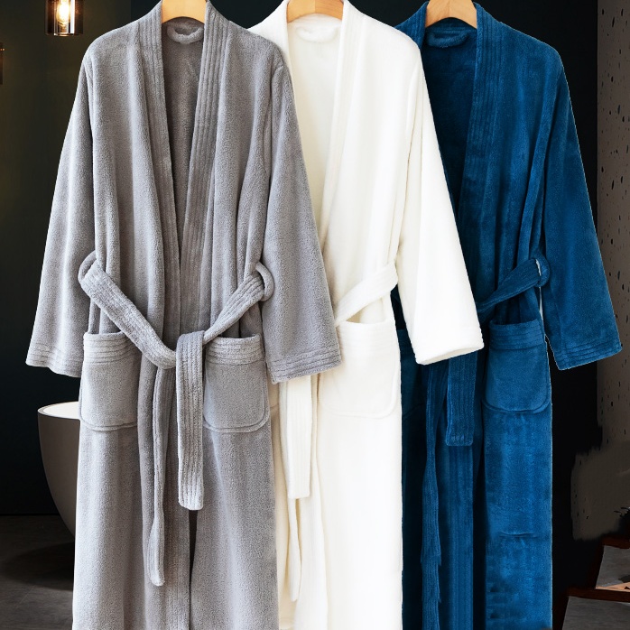CHINEE Coral Fleece Hotel Bathrobe Plush Bath Robe Kimono Collar Soft 100% Polyester Sleepwear Robes Unisex