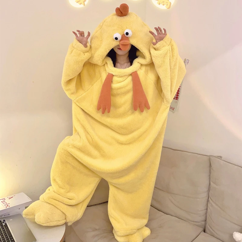 CHINEE Cosplay Little Yellow Chicken Kigurumi Sleepwear Cartoon Yellow Chicken Pajama Sleeping Bag Hooded Pajamas Adult Onesie Pajamas
