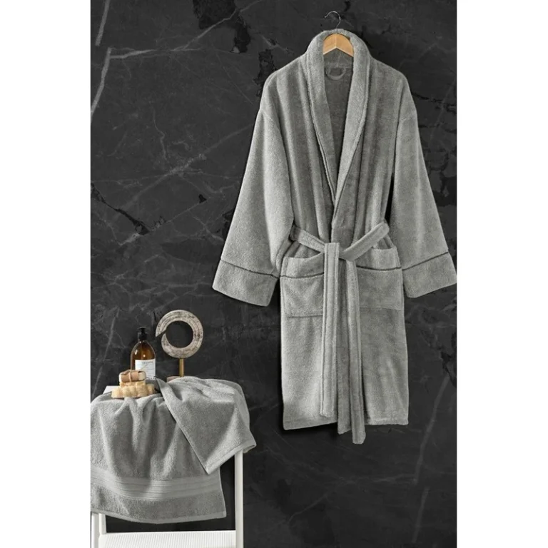 CHINEE-Cotton-Box-Exclusive-Mens-Single-Bathrobe-Set-Gray-Size-L-XL