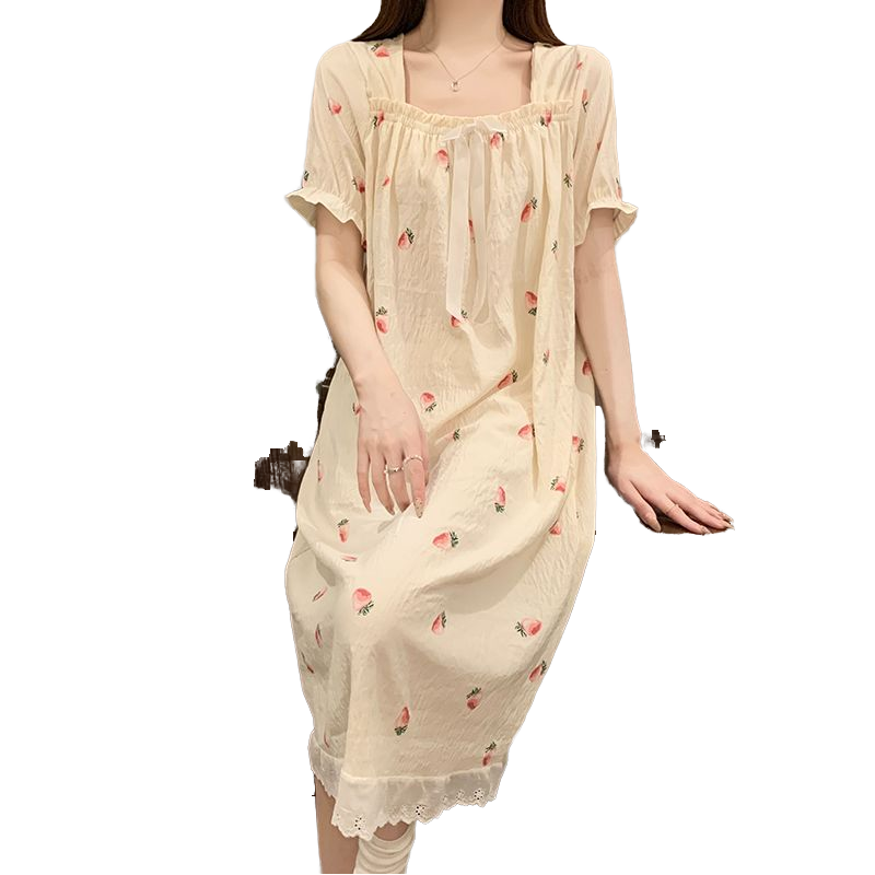 CHINEE Cotton Breathable Printed Knitted Cute Women's Summer Nightgown Pajama Set Soft Elastic Waist Knee Length Short Sleeve Home Wear