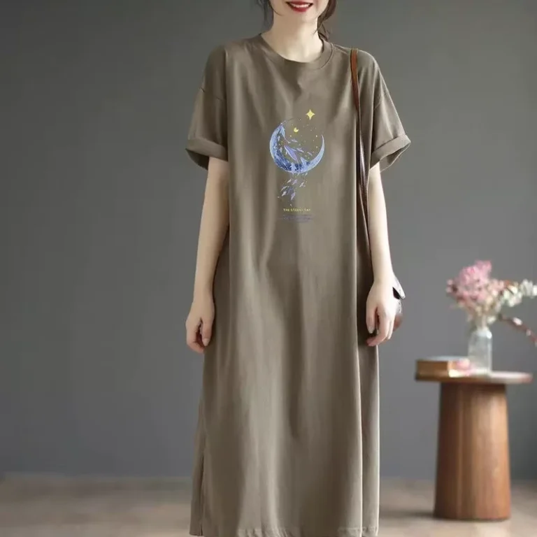 CHINEE-Cotton-Dress-Women-Short-Sleeve-Printed-Nightdress-Comfy-Sleepwear-Casual-Rress-Loose-Fit-Nightgown-for-Homewear
