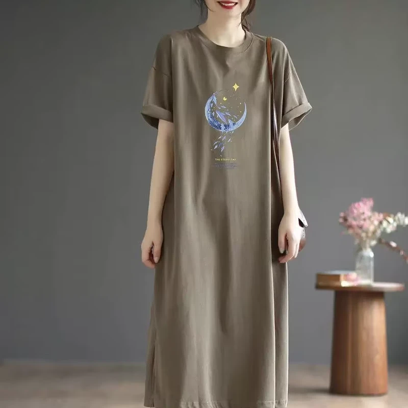 CHINEE Cotton Dress Women Short Sleeve Printed Nightdress Comfy Sleepwear Casual Rress Loose Fit Nightgown for Homewear