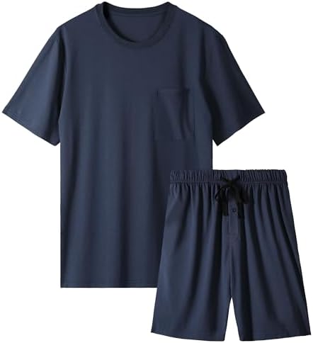 CHINEE Cotton Knitted Cool Summer Men's Formal Pajama Set Sleepwear Lightweight Short Sleeve Shirts Soft Breathable Fresh Pockets S-3XL