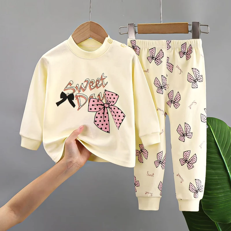 CHINEE Cotton Long Sleeping for Children Baby Cotton Round Neck Pajamas for Kids Boys Girls for Home Wear 2 Piece Sets