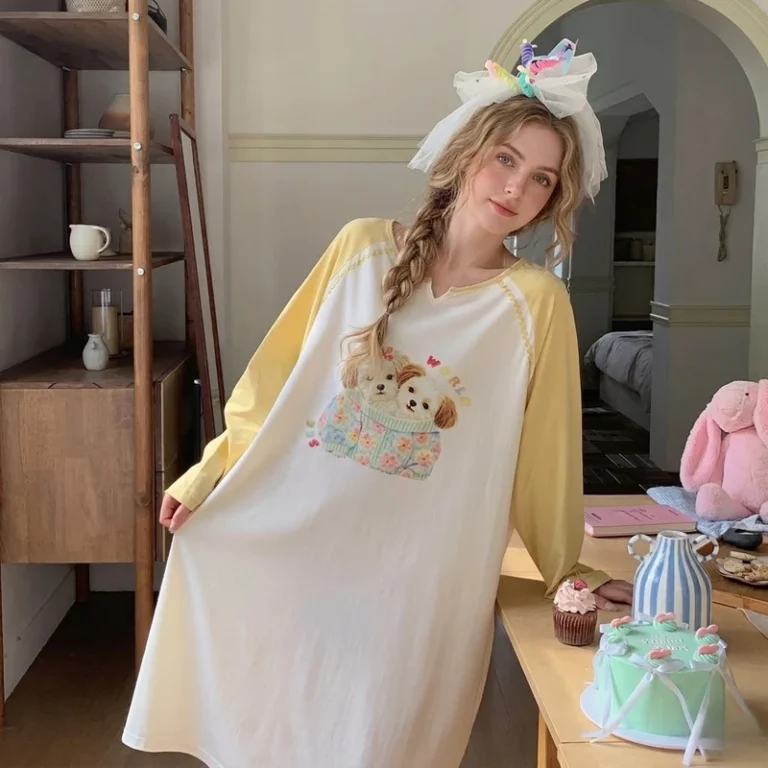 CHINEE-Cotton-Nightgown-Womens-Korean-Style-Oversized-Sleepshirt-V-Neck-Long-Sleeve-Home-Wear-Antibacterial-Casual-Pajama-Dress