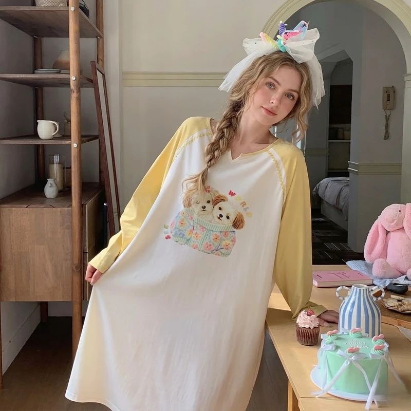 CHINEE Cotton Nightgown Women's Korean Style Oversized Sleepshirt V-Neck Long Sleeve Home Wear Antibacterial Casual Pajama Dress