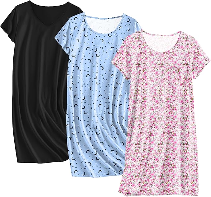 CHINEE Cotton Nightgowns for Women 3 Pack Sleepshirts Short Sleeve Night Shirt Tshirt Night Gown Print Sleepwear Dress
