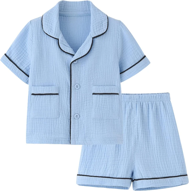 CHINEE Cotton Pajama Set Toddler Button up Short Sleeve Summer Pajamas 2 Piece Custom Pattern Kids Pajamas Sleep