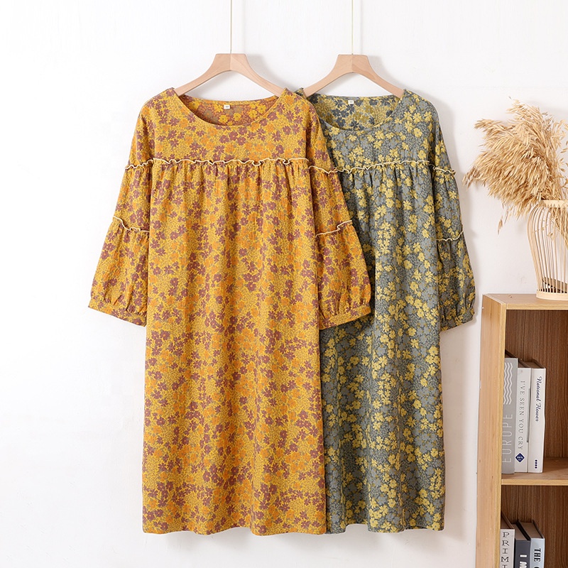 CHINEE Cotton Pajamas Nightgown for Women Long Sleeve Sleepwear with Round Neck Floral Nightdress