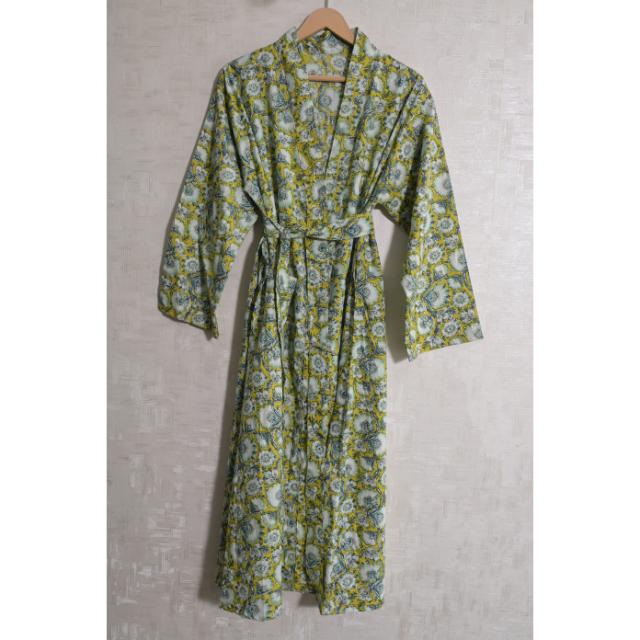 CHINEE Cotton Printed Kimono Robe for Women Bohemian Wrap Gown Casual Summer Home Wear Bathrobe V neck Full Length Lightweight Quick