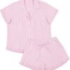 CHINEE Cotton Short Sleeve Ruffle Button Fly Printed Breathable Soft Women's Sleepwear Shorts
