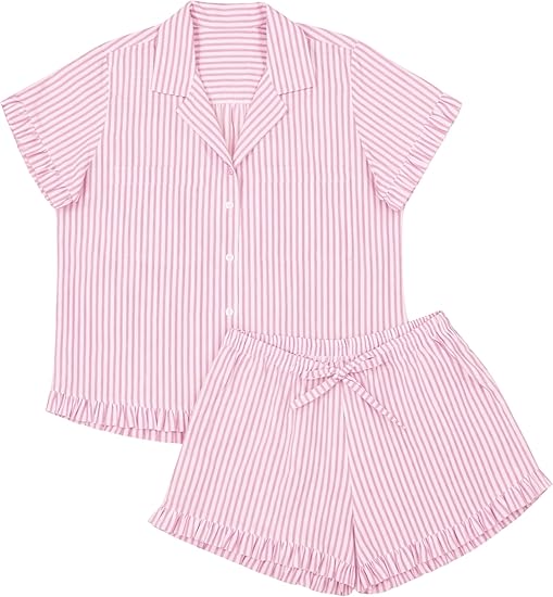 CHINEE Cotton Short Sleeve Ruffle Button Fly Printed Breathable Soft Women's Sleepwear Shorts