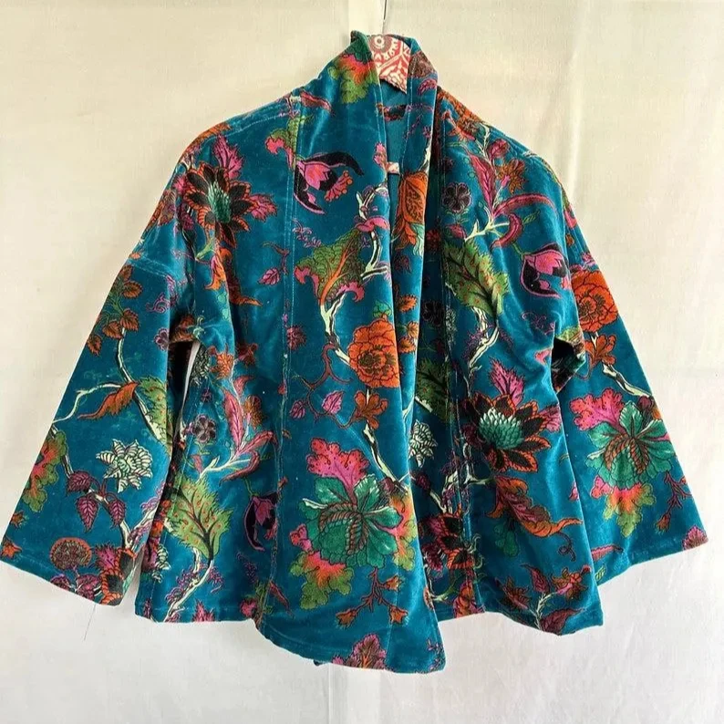 CHINEE Cotton Velvet Short Jacket Floral Print Kimono Robe with Belt Winter Robe Perfect Attire for Winter Wear