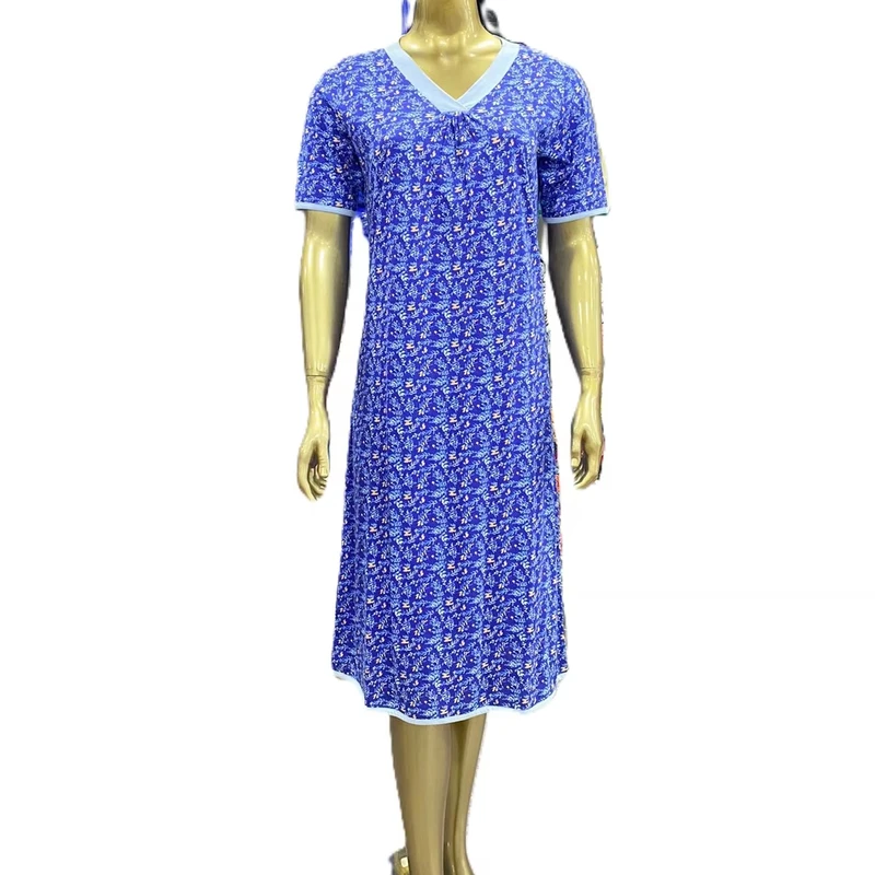CHINEE Cotton Women's Summer Sleepwear Knitted Custom Printed Home Wear Nightgown Crew Neck Soft Plus Size Breathable Elastic Waist