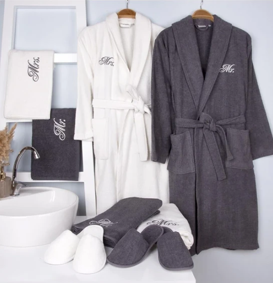 CHINEE Cozy 100% Cotton Velour Terry 8 pcs Bathrobe Sets With Towel Slipper White Gray Family Couple Robes Sets With Customizable LOGO