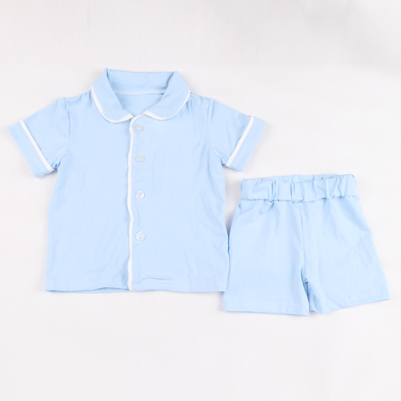 CHINEE Cozy Light Blue Trimmed Boys Pajama Set Toddler Kids Short Sleeve Button Top + Elastic Waist Shorts Loungewear
