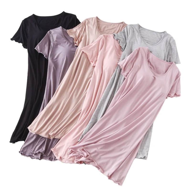 CHINEE Cozy Modal Casual Style Nightgown Solid Color Short Sleeve Sleep Shirt Breathable and Soft with Viscose Padding for Summer