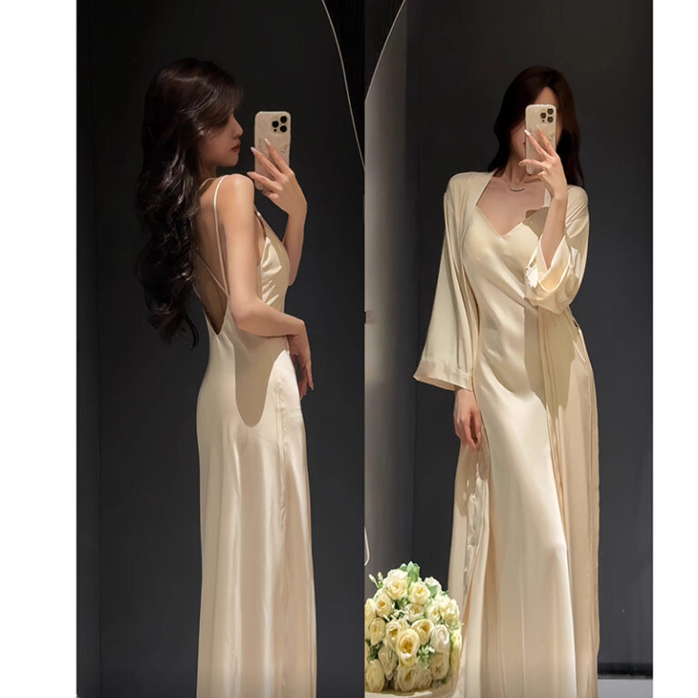 CHINEE-Cross-Backless-Summer-Nightdress-Womens-Homewear-Breathable-Satin-Elastic-Waist-Front-Sexy-Short-Sleeve-Elegant-Fashion