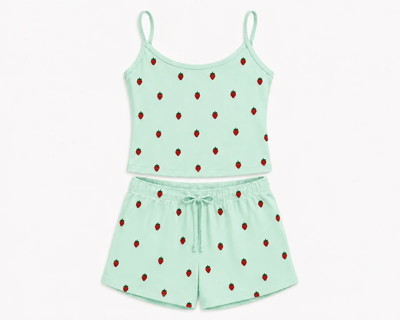 CHINEE Cross Border European American Style Women's Strawberry Print Camisole Shorts Pajamas Casual Outerwear Homewear Set