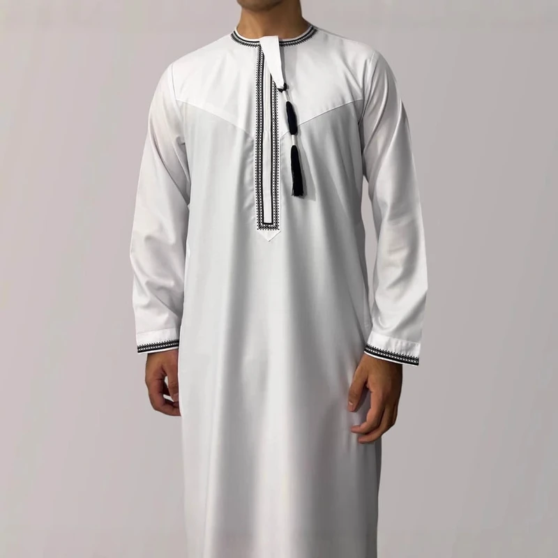 CHINEE Cross Border New In Stock Solid Color Round Neck Embroidered Thick Tassel Amman Turbans Arab Saudi Men's Robe