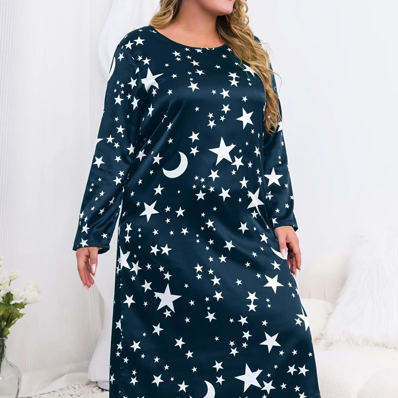 CHINEE Cross-Border Plus Size Women's Summer Knitted Pullover Star Moon Long Sleeve Homewear Nightdress Comfortable
