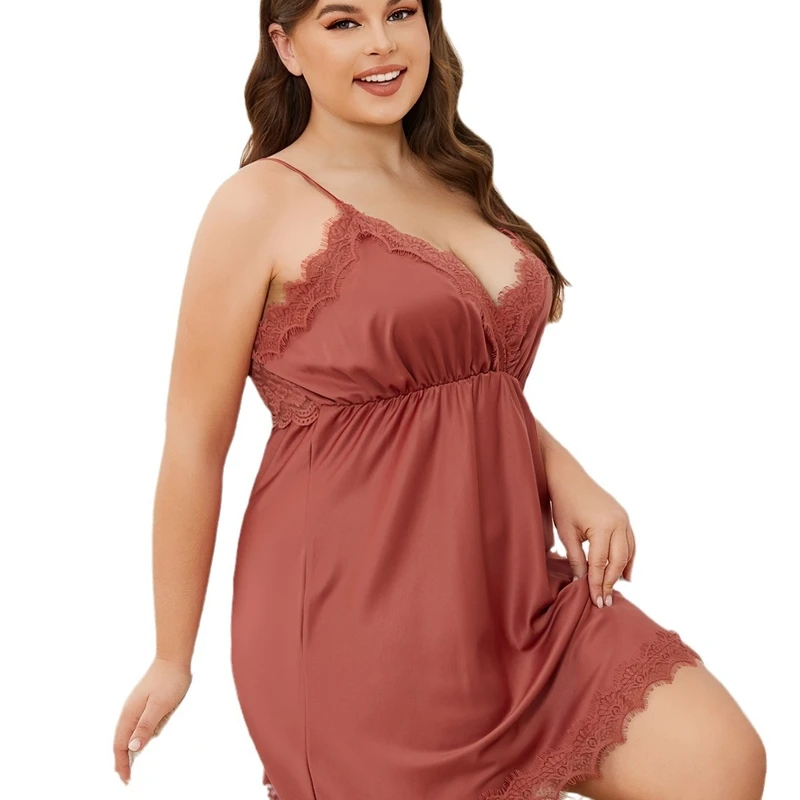 CHINEE Cross Border Plus Size Women's Summer Loungewear Sexy Satin Nightdress with Lace Patchwork Casual Comfortable Soft Shorts 3XL