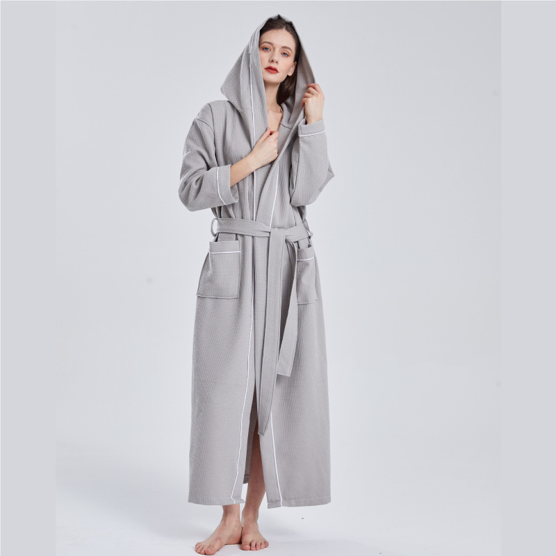 CHINEE Custom 100% Cotton White Waffle Cloth Luxury Elegant Hotel Design Bathrobe Women's Spa Hooded Robe Front Quick Dry Breathable