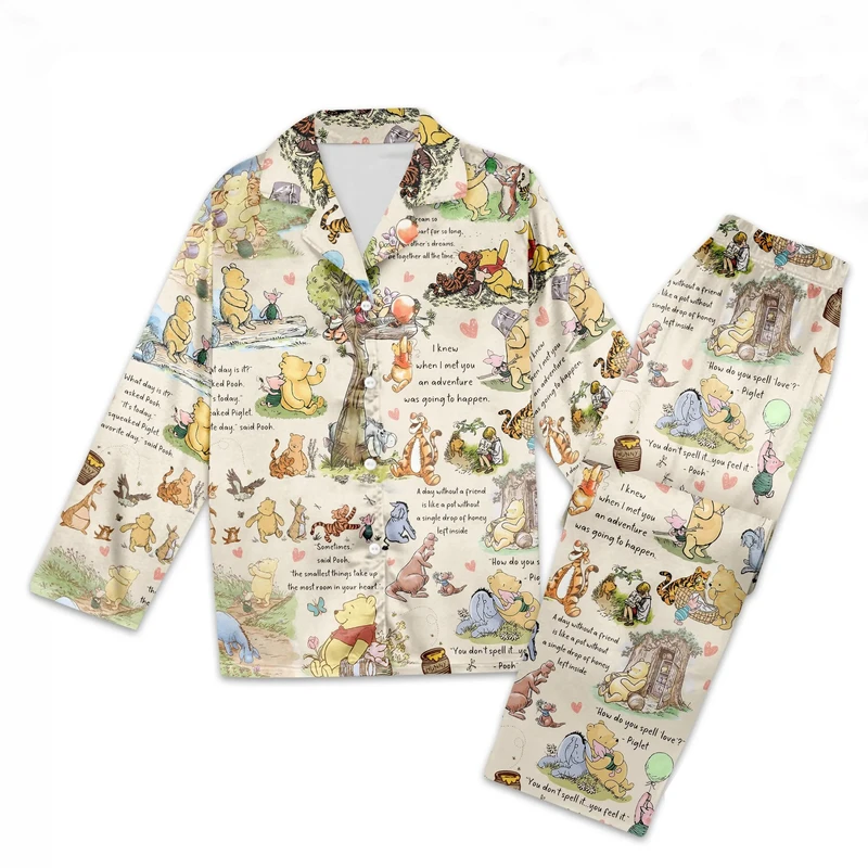 CHINEE Custom All Over Printing Cartoon Bear Smooth Lightweight Satin Polyester Long Sleeved Pajama Set Outfits Long Sleeves Pjs Sets