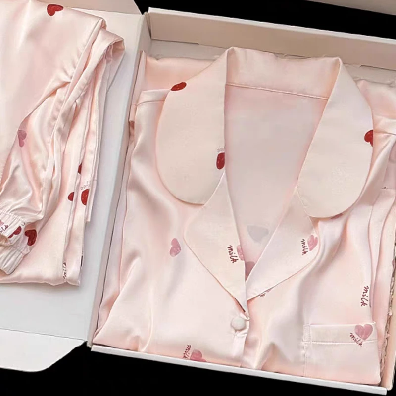 CHINEE Custom Basic Regular Embroidered Satin Pyjamas Set Women's Heart Print Silk Luxury Pijamas Women Sleepwear Pajamas Sets Women