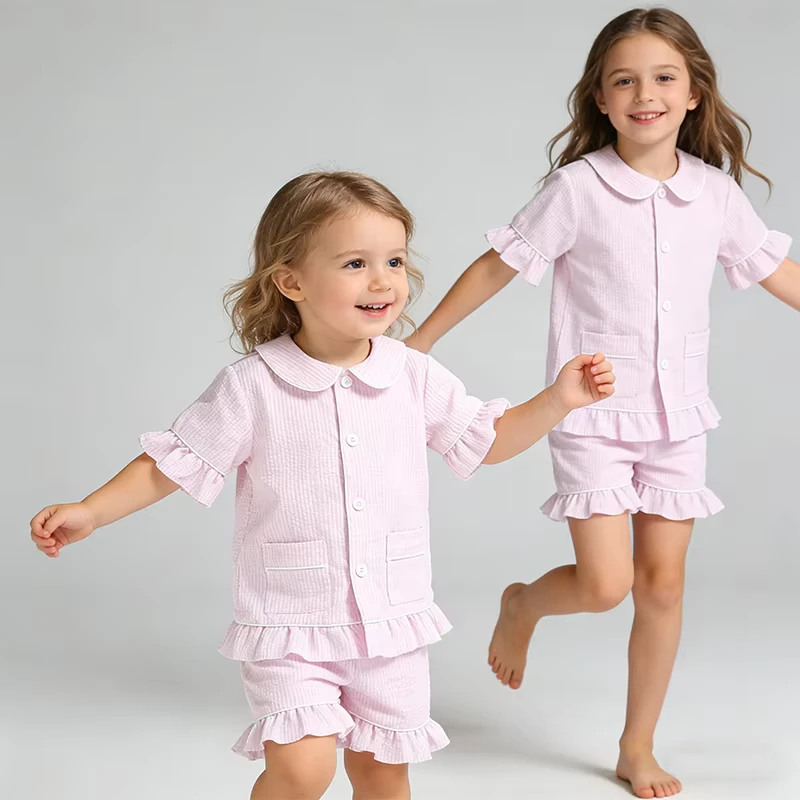 CHINEE Custom Bubble Kids Pyjamas Embroidered Sleep Wear Children Pajamas Short Sleeves Two Piece Sleepwear Set Sleepwear For Girls
