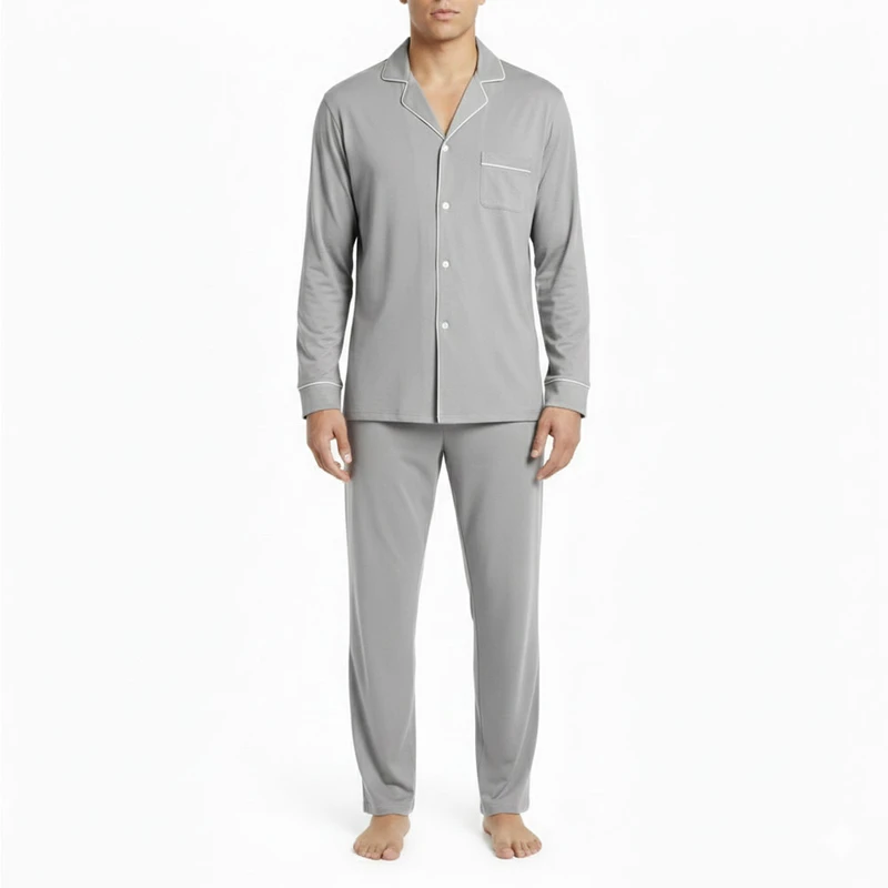 CHINEE Custom Color Casual Breathable High Quality Men's Knitted Silk Like Pajama Set Long Sleeve Shirt and Loose Fit Pants Night Dress