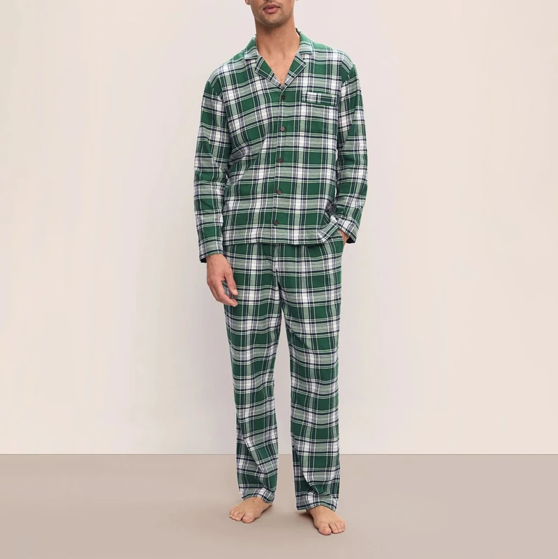 CHINEE Custom Cotton V-neck Plaid Two-piece Pyjama Set, Men, Nightgown Lounge Wear