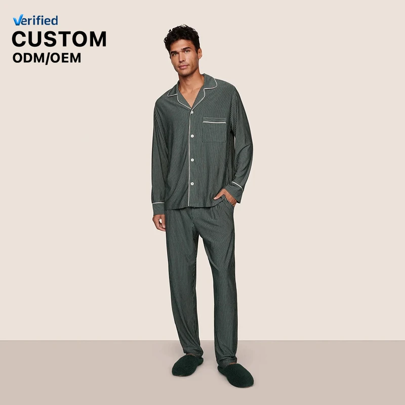CHINEE Custom Design Men's Modal 2 Piece Pajama Sets Long Sleeve Pajamas For Men Button Classic Striped Men Sleepwear Set