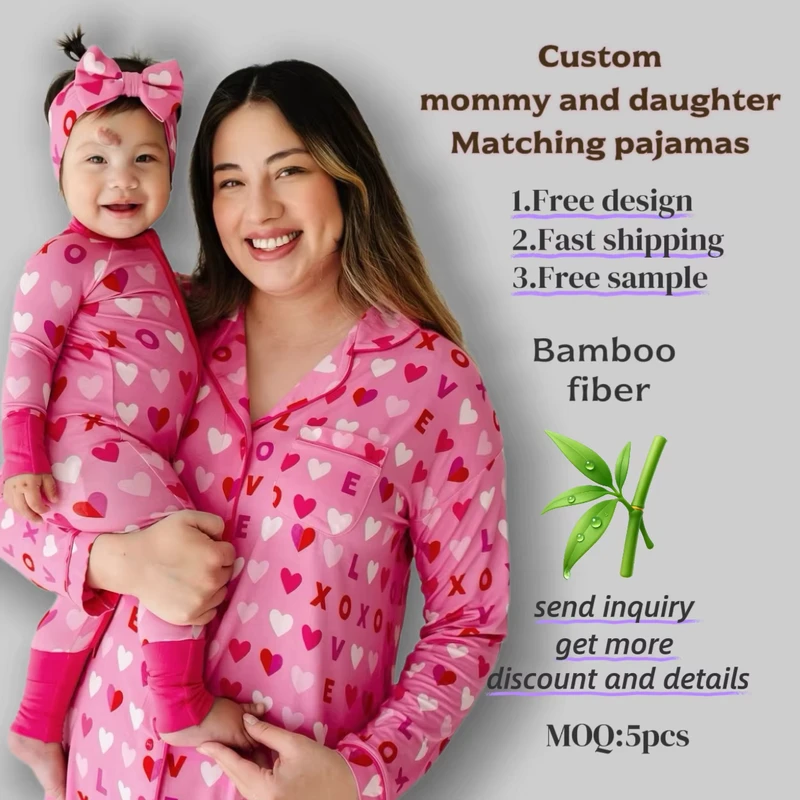 Custom Design Mommy and Me Loungewear Set Long Sleeve Custom Printed Pajamas Soft for Mother and Children