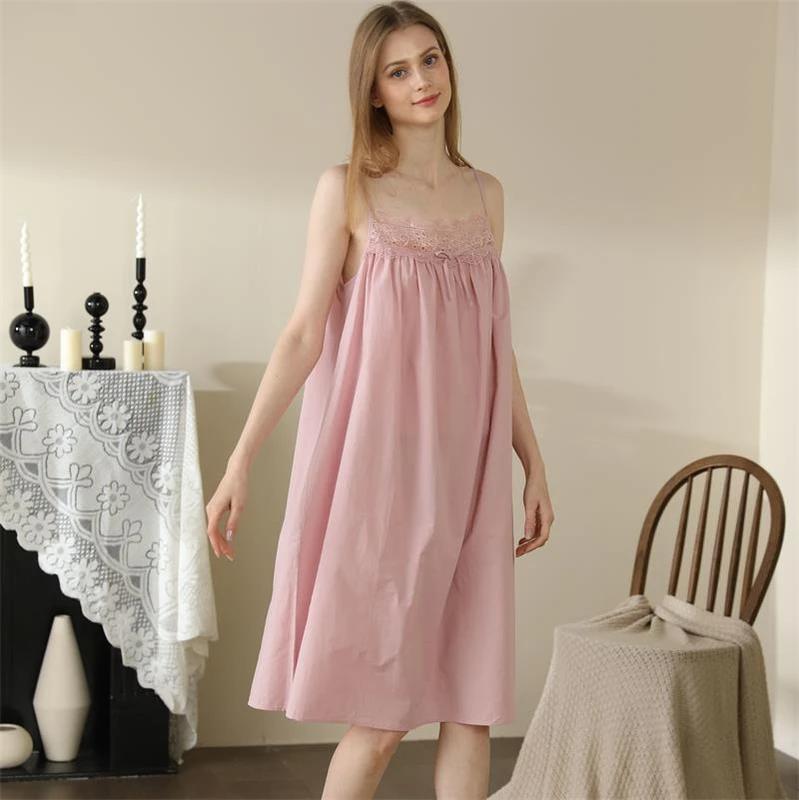 CHINEE Custom Design Women's Cotton Lace Trim Spaghetti Strap Nightgown Knee Length Soft Breathable Summer Sleep Dress for Ladies