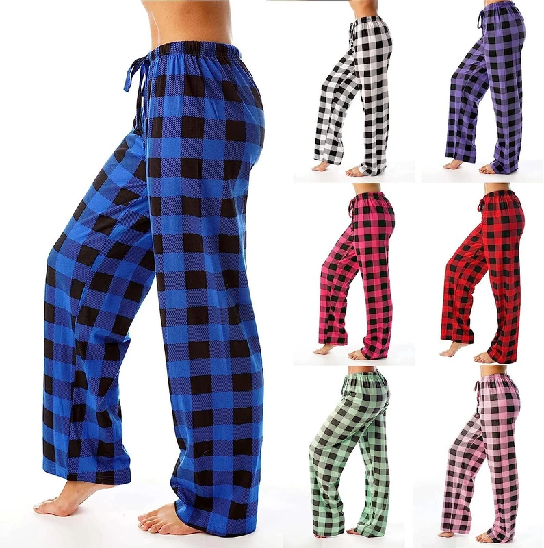 CHINEE Custom Design logo Stretch Plaid Home Wear Casual Pants Loose Pajama Sleep Pant for Women Wide leg Pants