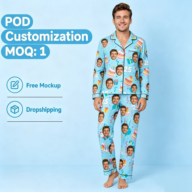 CHINEE Custom Face Pajamas Set Button Down Personalized Photo PJs Long Sleeve Birthday Party POD Sleepwear MOQ 1 Dropshipping