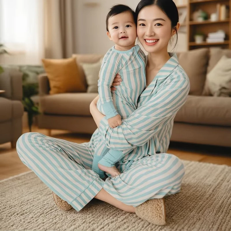 CHINEE Custom Family Matching Sleepwear Pyjama Set Women Outfits Loungewear Mom and Baby Me Stripe Bamboo Family Pajamas Set