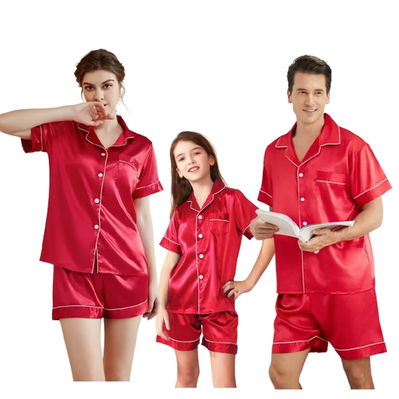 CHINEE Custom Family Satin Men's Pajamas Silk Soft Sleepwear Women Short Sleeve 2 Pcs Satin Pajamas Family