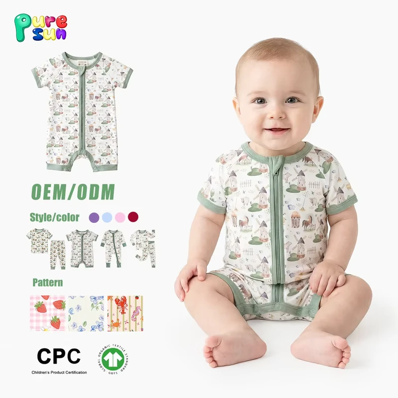 CHINEE Custom Farm Print Toddler Boys Bodysuit Short Sleeve Baby Bamboo Pajamas Zipper 100% Organic Cotton Baby Rompers