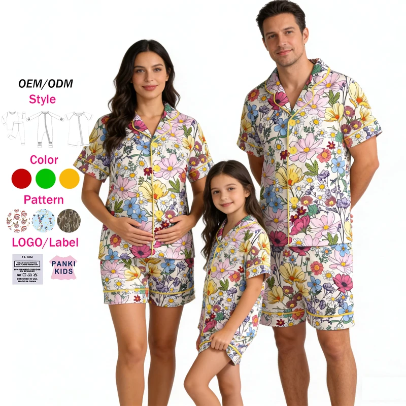 CHINEE Custom Floral Family Matching Outfit Pajamas Set Casual Summer Short Sleeves Mommy and Me Bamboo Pajamas Set